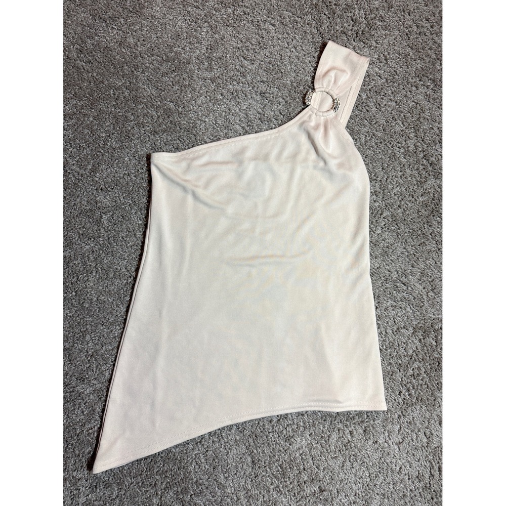 Vintage Moda International One Shoulder Rhinestone, Asymmetrical Hem Top Cream